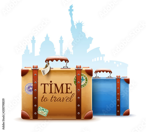 Retro suitcases for travel around the world. Famous landmarks