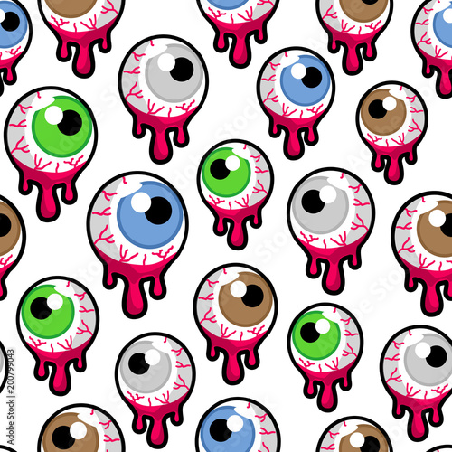Vector seamless pattern with the bloody zombie or alien eyeballs on white background. Creepy, psychedelic eyes wallpaper.