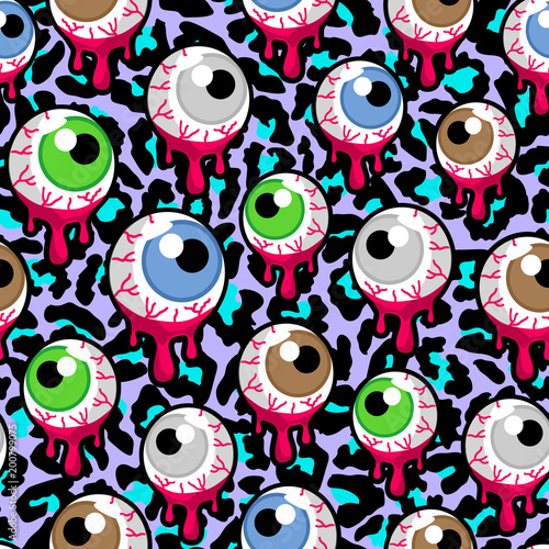 Vector seamless pattern with the bloody zombie or alien eyeballs. Creepy, psychedelic eyes background.
