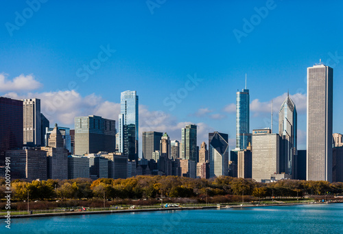 Wide Angle shot of Chicago Skyline with various skyscrapers with a blue sky on a sunny day