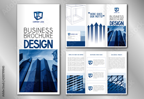 Business trifold brochure template - modern office buildings/ skyscrapers. © PX Media