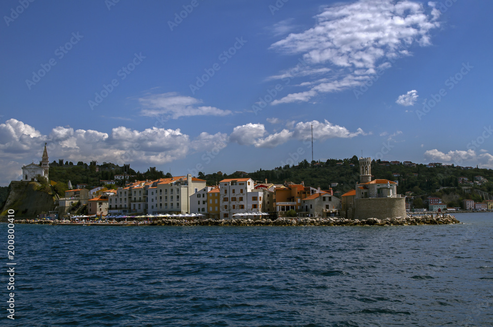 Fototapeta premium Slovenia marina of Portoroz a small town, located in the Adriati. View on old costal town. Summer vacation. Relaxation Concept.