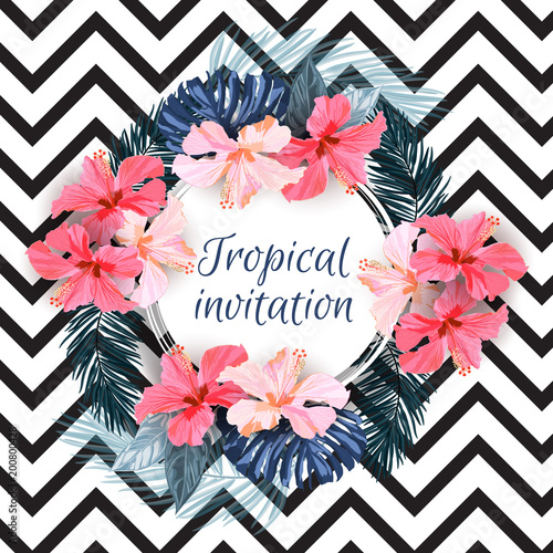 Summer tropical background design with palm leaves and exotic red hibisus flowers. Vector floral invitation and greeting card template. photo