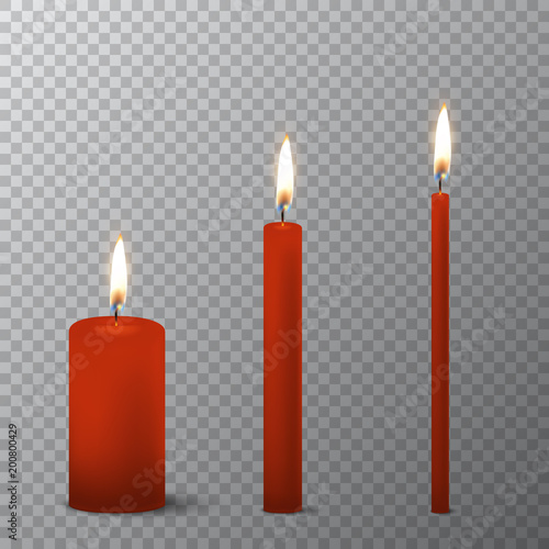 Vector 3d realistic different red paraffin or wax burning party candle icon set closeup isolated on transparency grid background. Thick, medium and thin size. Design template, clipart for graphics