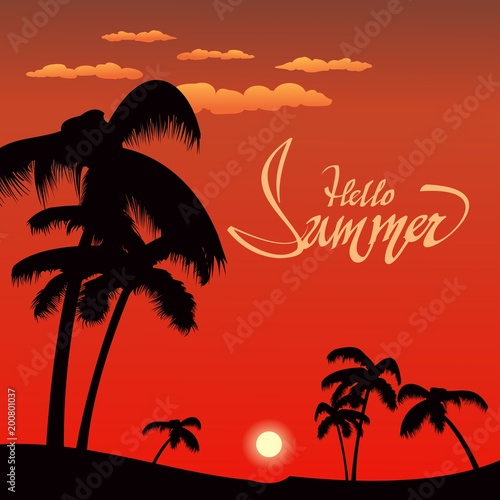 inscription hello summer against the backdrop of palm trees and tropical sunset © Oleksandr