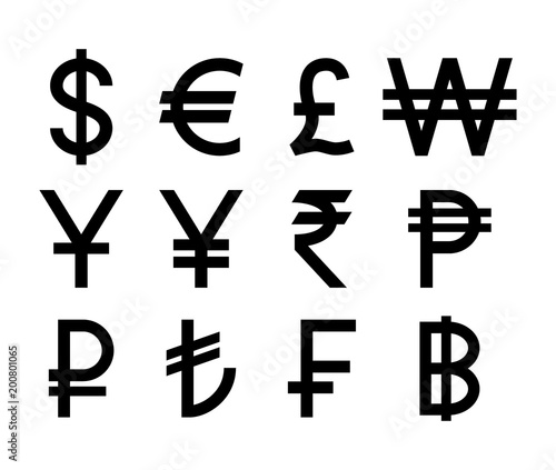 Popular countries currencies symbols. Black isolated currency icons.