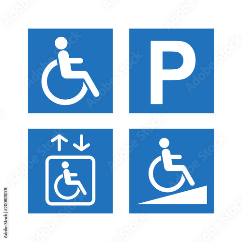 Disability accessibility icon set. Disabled parking, ramp and elevator blue square signs.