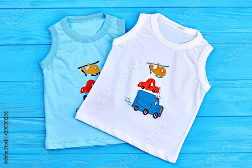 Collection of cute t-shirts for baby-boys. Sleeveless cartoon t-shirts for infant boys. Newborn boys printed clothes. © DenisProduction.com