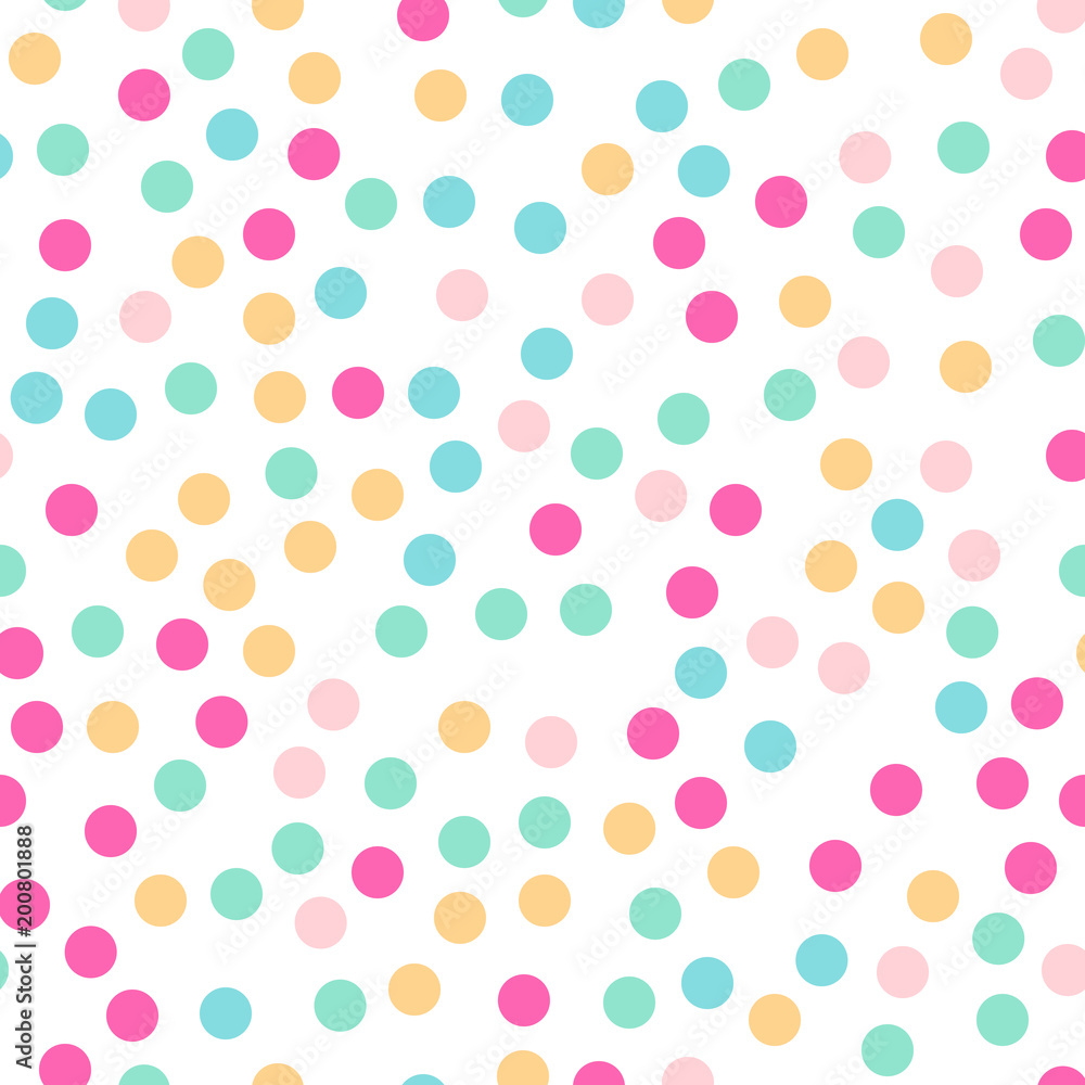 Colorful polka dots seamless pattern on white 3 background. Sublime classic colorful polka dots textile pattern. Seamless scattered confetti fall chaotic decor. Abstract vector illustration.