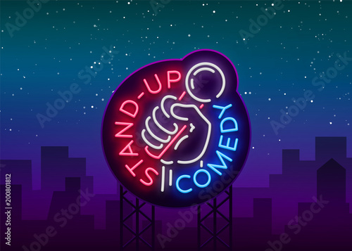 Comedy Show Stand Up invitation is a neon sign. Logo, Emblem Bright flyer, light poster, neon banner, brilliant night commercials advertisement, card, postcard. Vector illustration