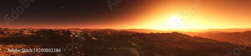 panorama of an alien landscape, mercury at sunset, 3D rendering 