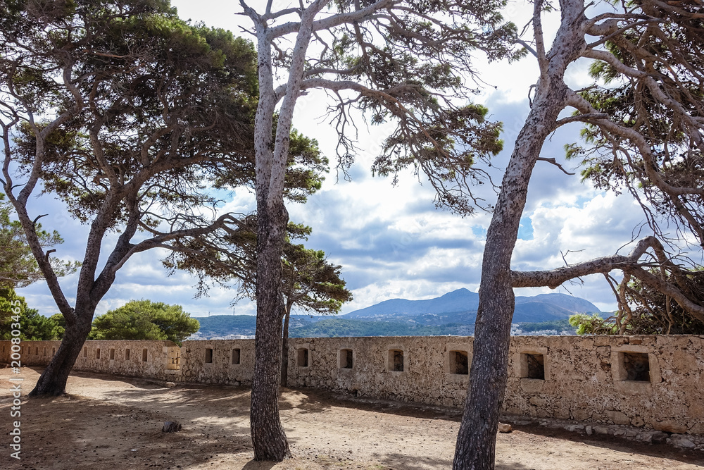 three large pine trees on the walls of the fortification, on the rear there are mountains and blue, cloudy skies.