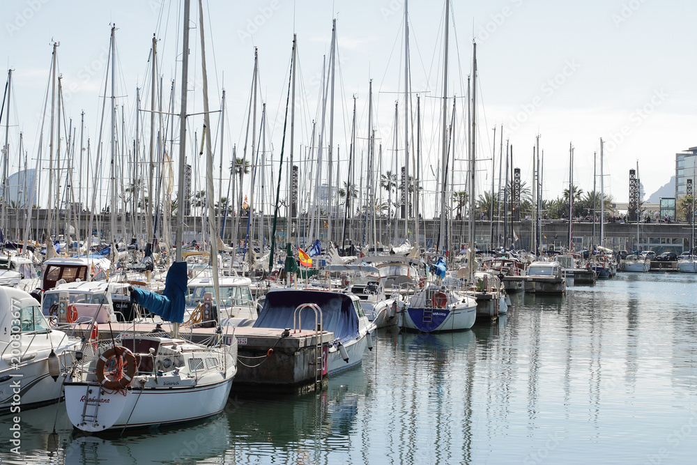 Yachts are in harbor, Bacelona bay, Spain, editorial use 