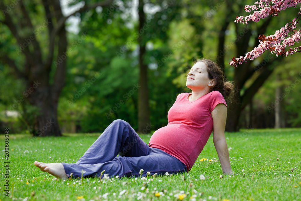 Beautiful pregnant woman relaxing in the spring park Beautiful pregnant woman relaxing in the spring park
