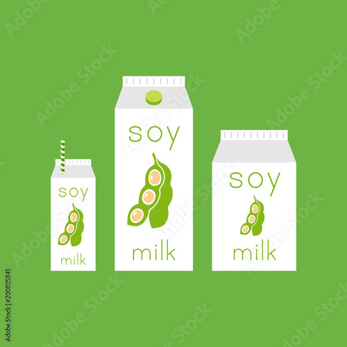 Soy milk vector illustration in different size boxes with soybean graphic.