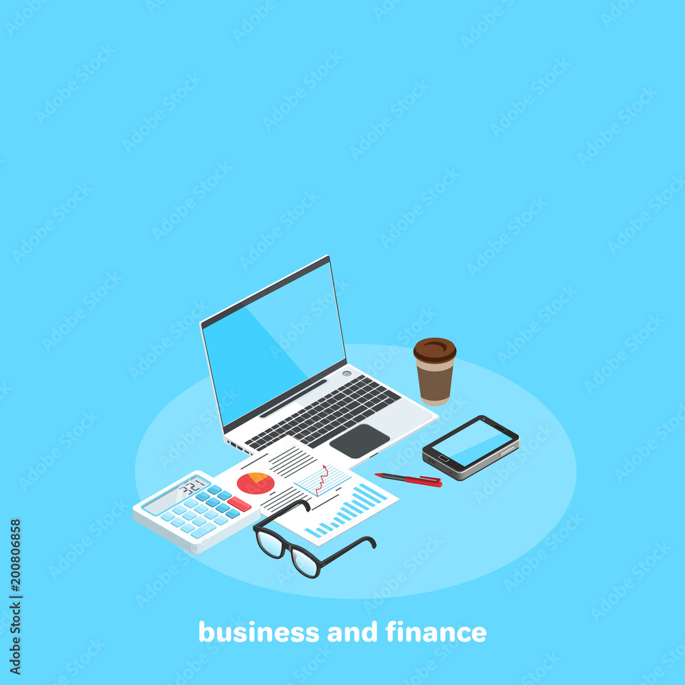 sheet of paper with diagrams and a laptop, calculator and glasses, smartphone and pen on a blue background, isometric image sheet of paper with diagrams and a laptop, calculator and glasses, smartphone and pen on a blue background, isometric image