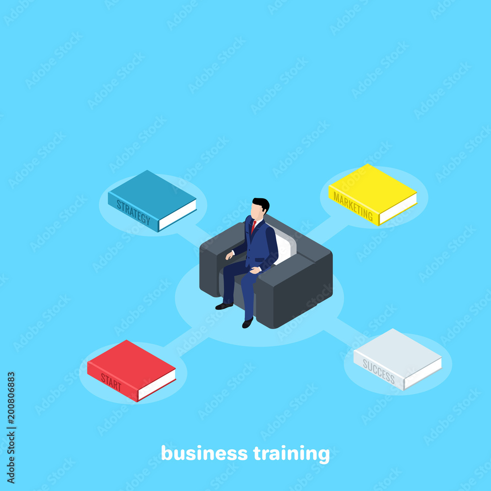 a man in a business suit sits in a chair and books around him, an isometric image a man in a business suit sits in a chair and books around him, an isometric image