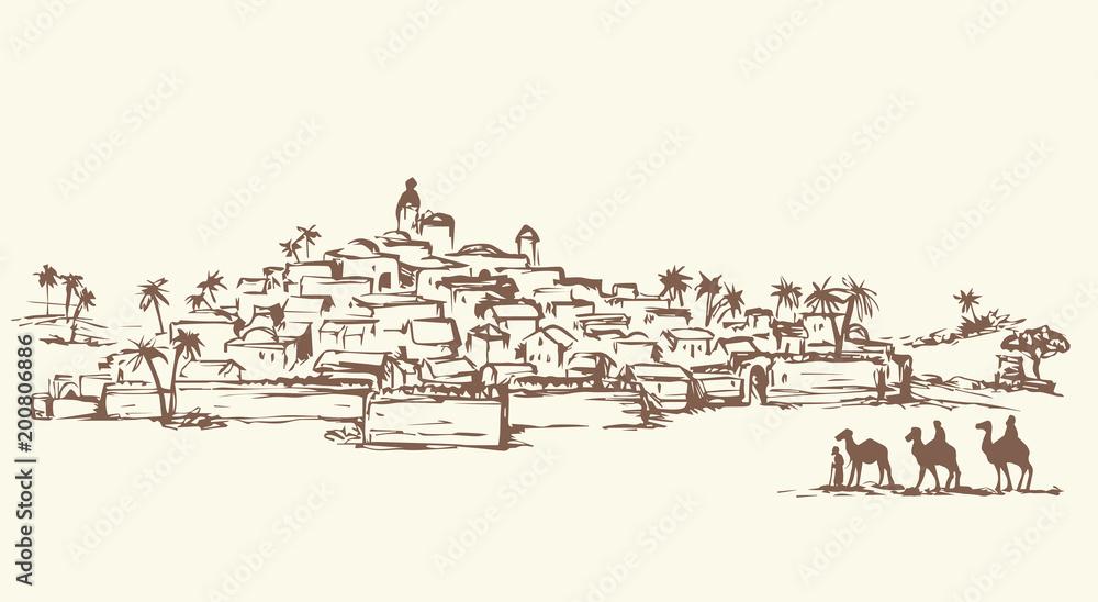 Fototapeta premium Magi go to Bethlehem. Vector drawing