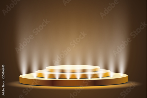 
Golden podium with a spotlight on a dark background, the first place, fame and popularity. Vector illustration
