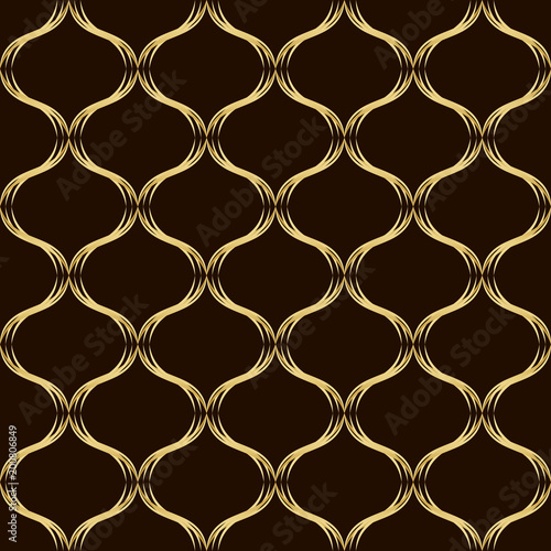 Abstract geometric seamless  pattern,  gold  lattice, wavy lines. For wallpapers and fabrics. Vector illustration.