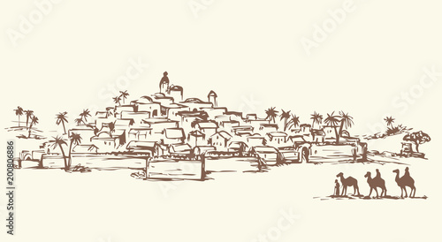 Magi go to Bethlehem. Vector drawing
