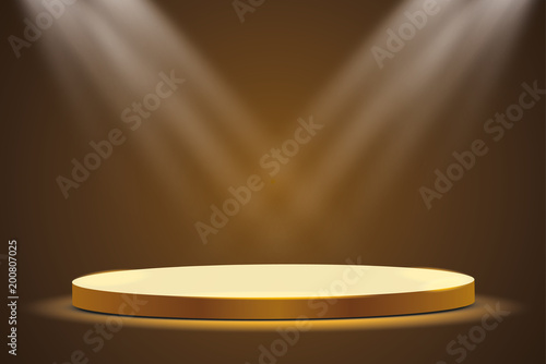 
Golden podium with a spotlight on a dark background, the first place, fame and popularity. Vector illustration
