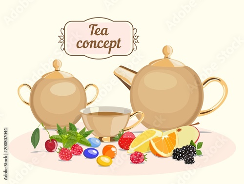 Tea set: tea pot, sugar bowl, cup of tea. Vector illustration.