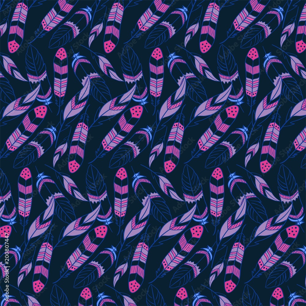 Fototapeta premium Colore, illustrees plumes, dessiné, rapport sur le tissu, motif géométrique