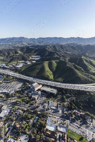 Vertical aerial view of the Ventura 101 freeway in suburban Thousand Oaks near Los Angeles, California.