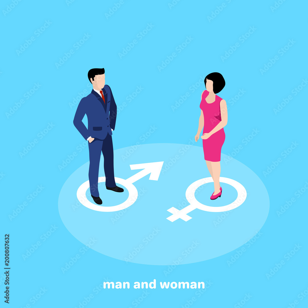 man in business suit and woman in pink dress on blue background, isometric image