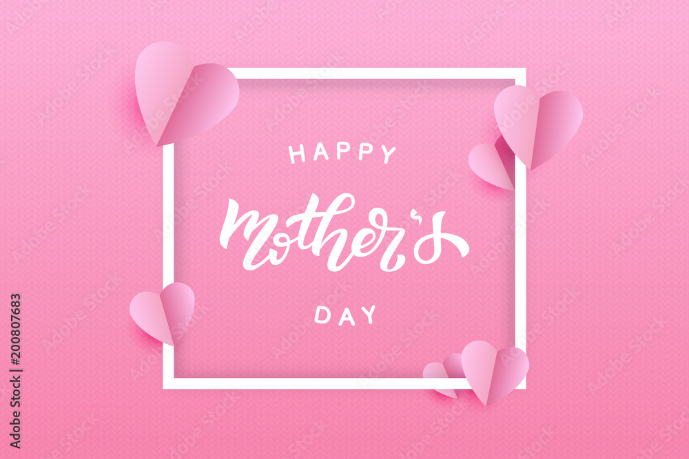 Vector realistic isolated poster for Mother's Day with origami hearts and lettering for decoration and covering on the pink knitting background. Concept of Happy Mothers Day.