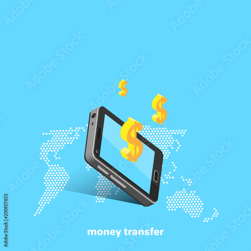 smartphone and dollar icons on the background of the world map, isometric image