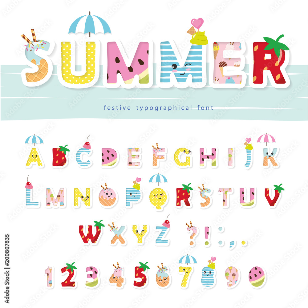 Summer font. Creative cartoon letters and numbers. For posters, banners, kids birthday, clothing design. Summer font. Creative cartoon letters and numbers. For posters, banners, kids birthday, clothing design.
