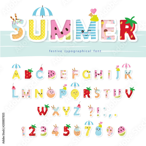 Summer font. Creative cartoon letters and numbers. For posters, banners, kids birthday, clothing design.