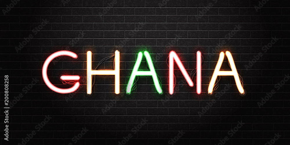 Vector realistic isolated neon sign of Ghana lettering logo for decoration and covering on the wall background. Concept of Happy Independence Day.