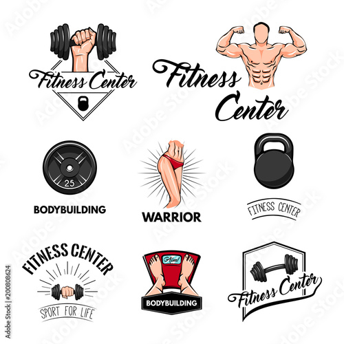 Sport set. Bodybuilder, barbbell, dumbbell, scales. Gym set. Fitness elements. Vector.