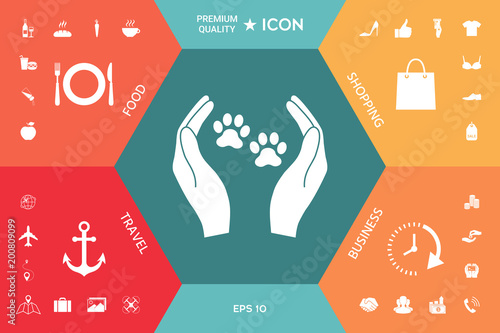Shelter pets sign icon. Hands holds paw symbol. Animal protection