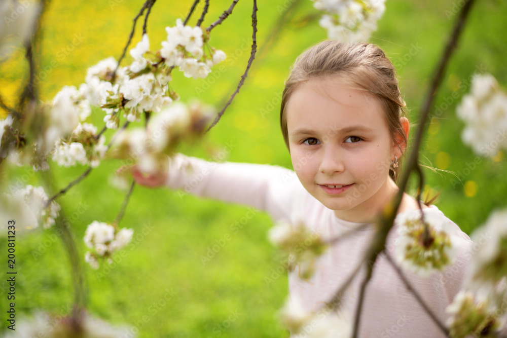 Adorable little girl in blooming cherry garden on beautiful spring day Adorable little girl in blooming cherry garden on beautiful spring day
