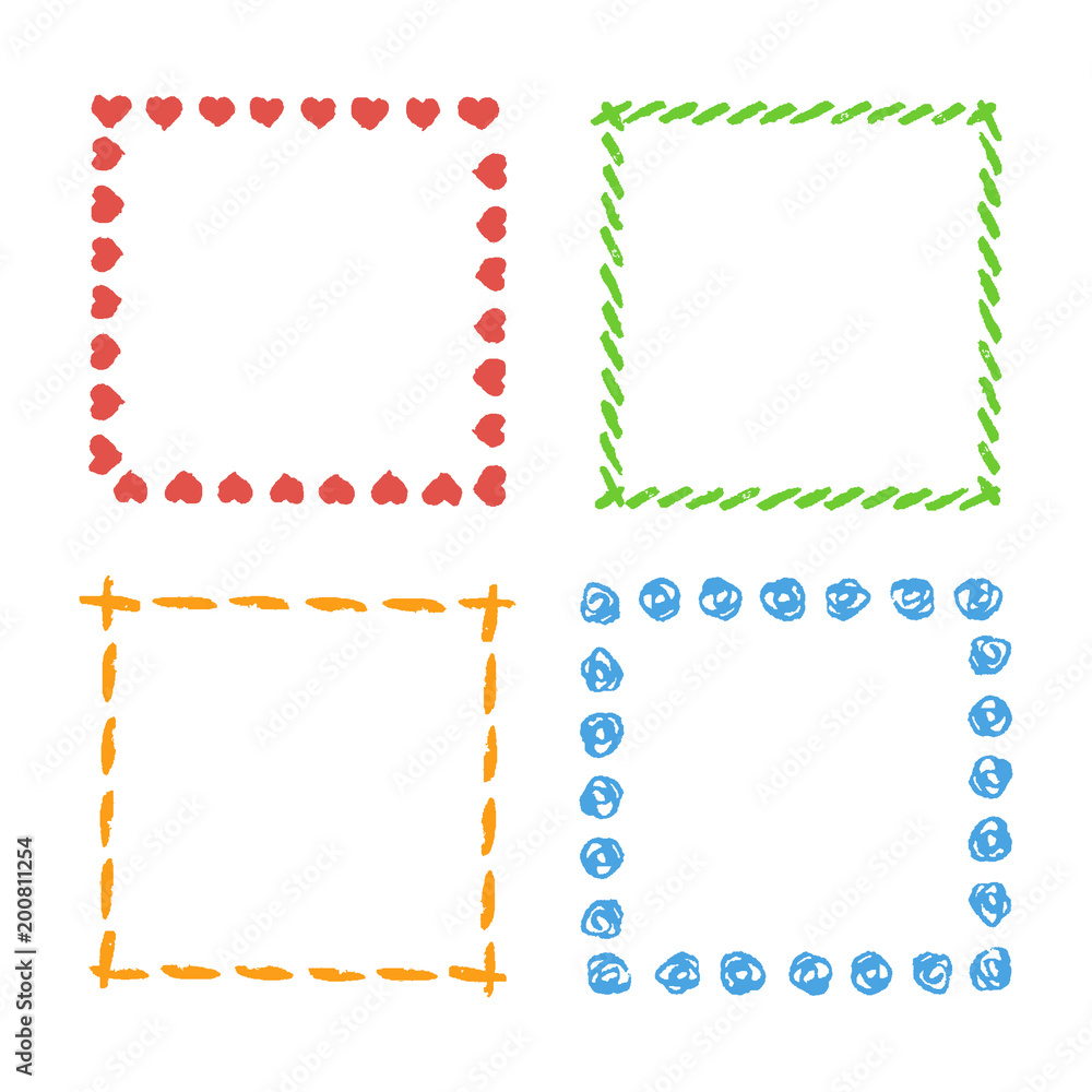 Hand drawing square funny frames. Set of colorful rectangular ornate design element chalk or pencil like kid`s drawn doodle style. Vector art stroke line banner border, template, copy space background Hand drawing square funny frames. Set of colorful rectangular ornate design element chalk or pencil like kid`s drawn doodle style. Vector art stroke line banner border, template, copy space background