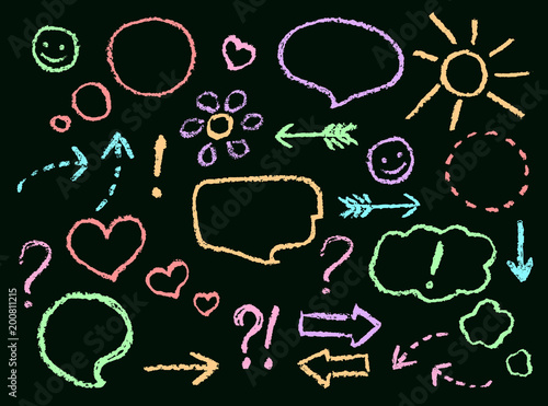 Chalk or crayon hand drawing funny doodle speech bubbles, arrows, heart shape, smile, sign, symbol set on chalkboard. Сolorful design element like kid`s style. Vector art stroke texture on black board