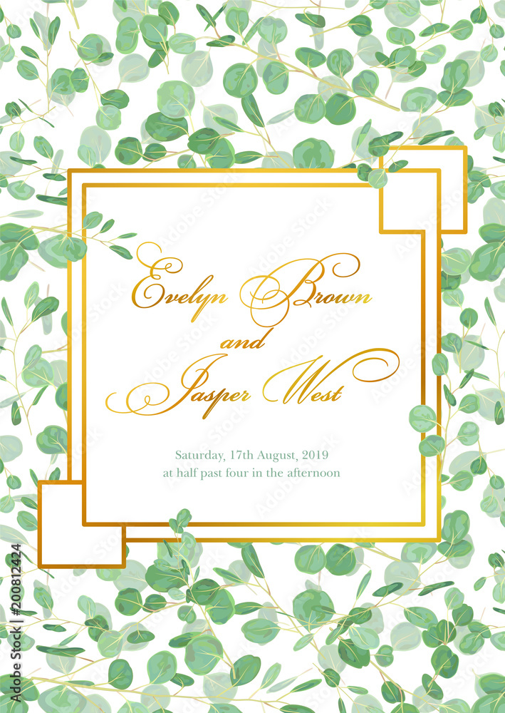 Beautiful rustic wedding invitation card with eucalyptus green leaves and branches in a gold geometric square frame isolated on white background. Vertical