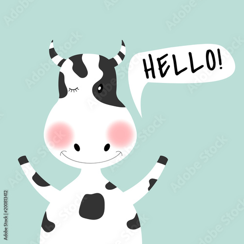 Cartoon cute cow girl and inscription Hello.
