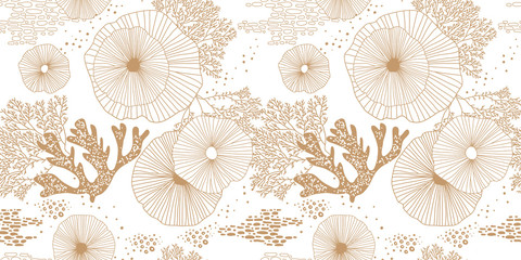 Fotobehang Collecties patronen Hand drawn seamless vector pattern. Gold corals and algae on a white background for printing, fabric, textile, manufacturing, wallpapers. Sea bottom.  © Oscar Ghost