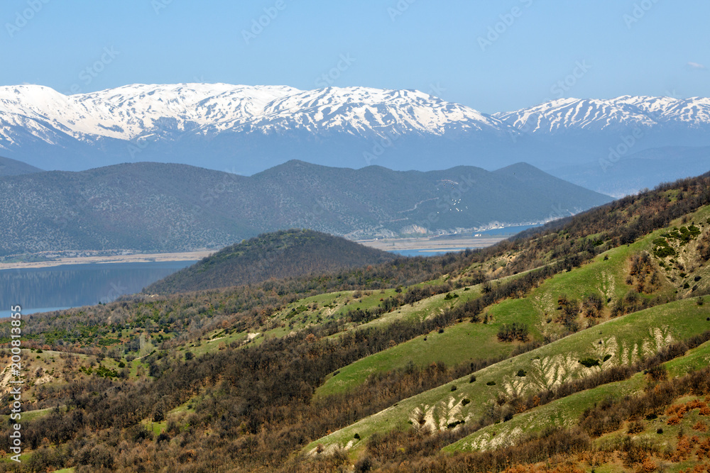 Landscape of Little Prespa Lake, Municipality of Devol, Greece.