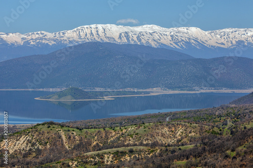 Landscape of Little Prespa Lake, Municipality of Devol, Greece.