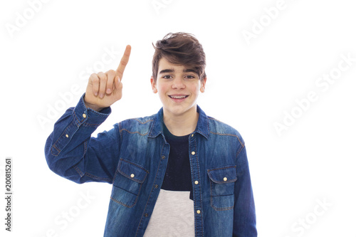 young teenager isolated in white with raised finger pointing