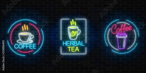 Set of neon coffee and tea signs with frames on dark brick wall background. Hot drinks banners.