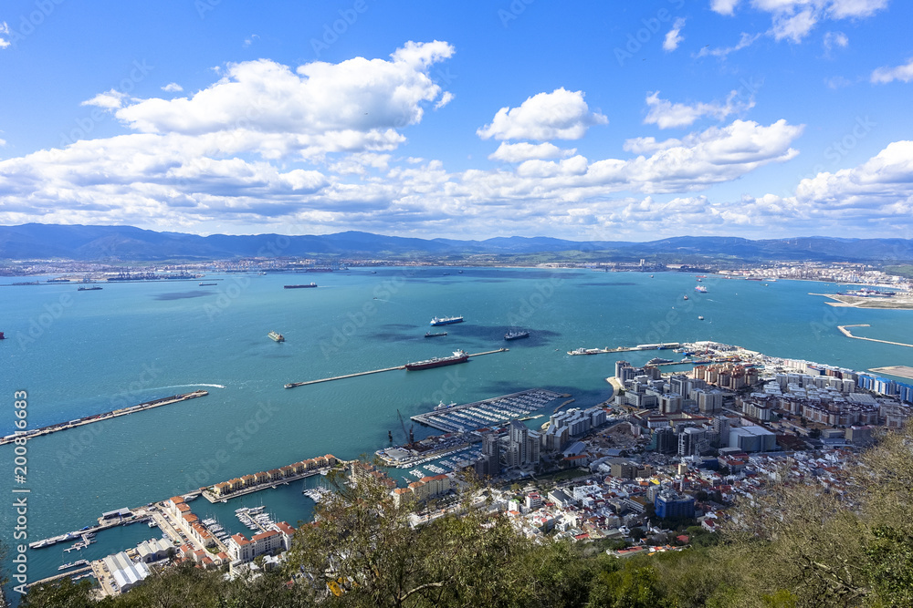 Aerial view of top of Gibraltar Rock. Gibraltar is a territory of South West Europe which is part of the United Kingdom