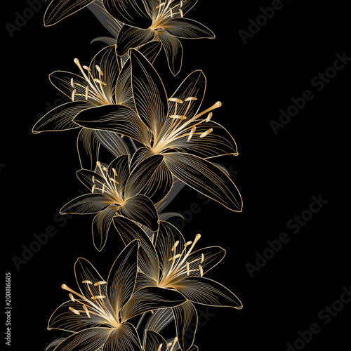 Golden seamless hand-drawing floral background with flower lily