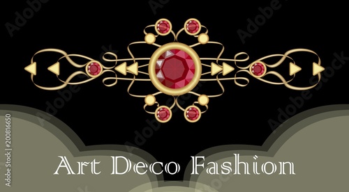 Art deco ruby brooch. Filigree golden jewel in victorian style. Expensive antique jewelry